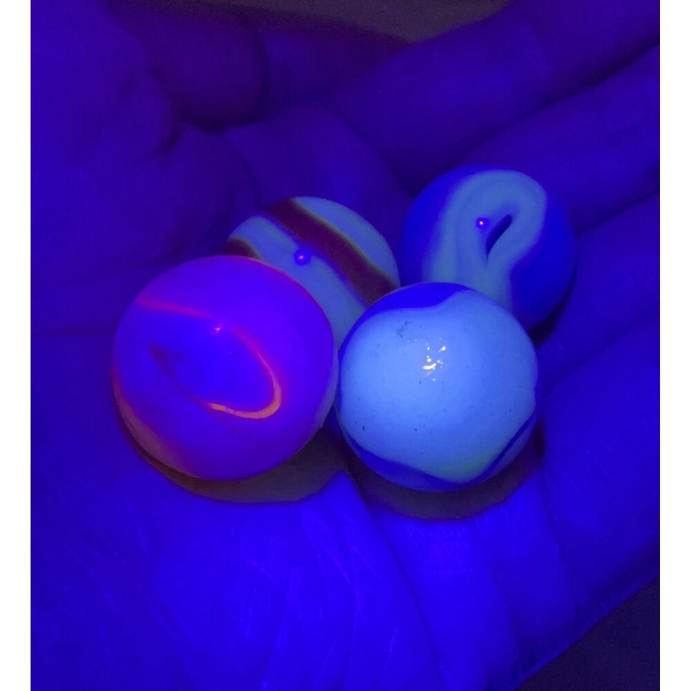 Lot of 4 Vintage Glass Marbles 5/8” Glow UV Reactive Swirl Blue Yellow Orange